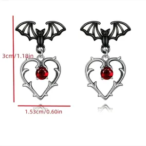 Gorgeous Black Bat Heart‎ Dangle Halloween Earrings with Ruby Color Decor Silver thumbnail 3