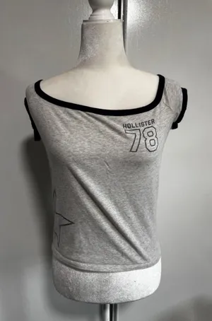 Hollister Womens Gray Graphic Tee Navy Trim V-Back Short Sleeve Top Size Large thumbnail 1