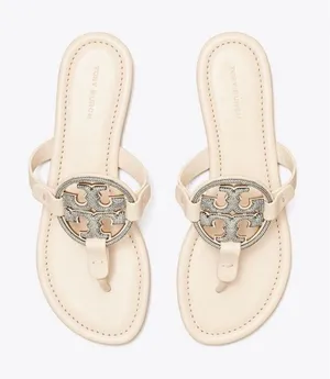 Tory Burch Leather Miller Pave Sandal In Cream Size 5 thumbnail 1