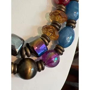 Vintage 2 Strand Statement Necklace Antique Gold Tone Acrylic Beads Estate 20" thumbnail 2