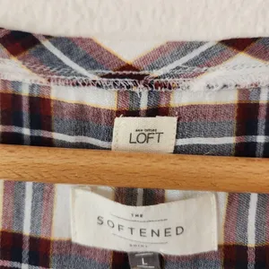 LOFT Autumn Plaid Blouse Softened Roll Tab Sleeve Crew Neck Cream Brown Rayon L thumbnail 3