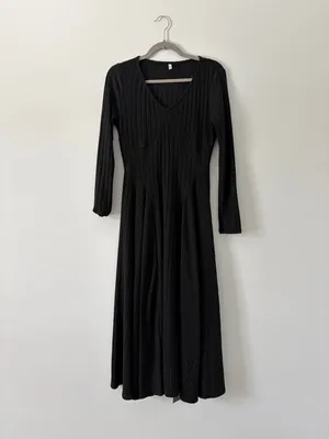 Halara V Neck Ribbed Long Sleeve Flare Midi Casual Pockets Dress Black M NWT thumbnail 2