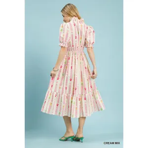 Umgee Vibrant Ruffle Smocked Midi Dress - Cream Mix - Large‎ thumbnail 3