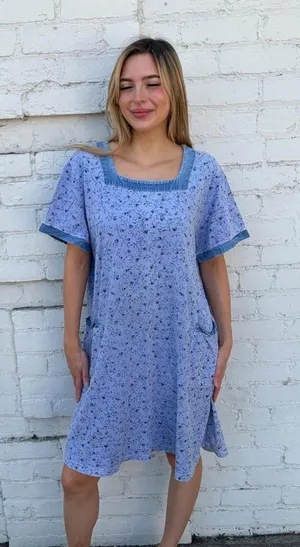 Vtg Blue floral print dress with pockets and denim trim sz XL- in fair condition #boho #cottagecore #summer #beach thumbnail 1