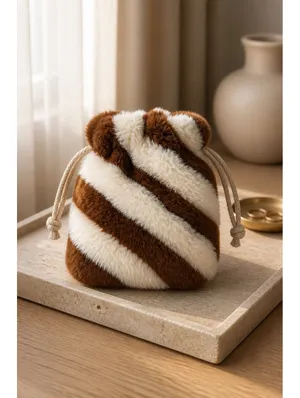 SHEIN Faux Fur Drawstring Pouch Bag Brown White Striped Plush Mini Bucket Bag thumbnail 2
