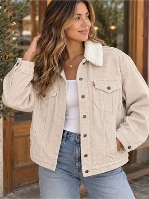 Levi's Cream Corduroy Trucker Jacket with Sherpa Collar thumbnail 1