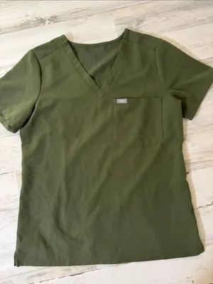 FIGS Olive Green V-Neck Short Sleeve Scrub Top thumbnail 1