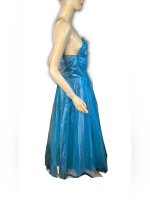 Vintage 1950'S Turquoise Blue Satin & Tulle Strapless Party Dress (Xs) thumbnail 4