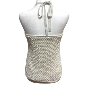 Garage Halter Top Cream Silver Metallic Crochet Open Knit Y2K Boho Festival M thumbnail 3