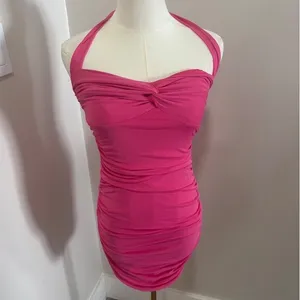 Hello Molly Pink‎ Ruched Halter Mini Dress Bodycon Twist Front US 6 thumbnail 2