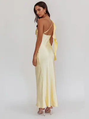 Selfie Leslie One-Shoulder Satin Slip Dress in Pale Yellow thumbnail 2
