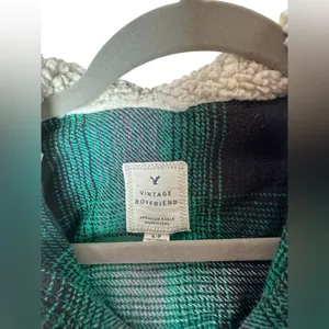 American Eagle Vintage Boyfriend Plaid Hooded Shirt Jacket Green/Navy‎ Size S thumbnail 4