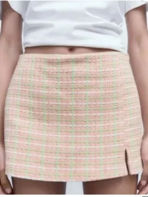 NEW Zara Pink & Green Plaid Tweed Gingham Mini Skort Size Small thumbnail 1