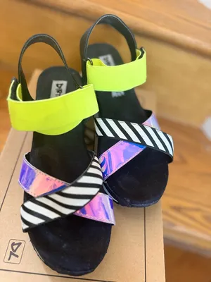 Dirty Laundry Neon Yellow, Black & White Striped Iridescent Wedge Sandals thumbnail 4