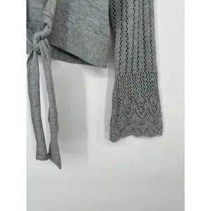 Y2K Vintage Hot Shot Grey Cardigan Tie Sweater Shrug Crochet Bell Sleeve Women M thumbnail 4