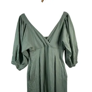 Free People Lotta Love Romper XS Sage Green Puff Sleeve Pleated Reversible Boho thumbnail 7