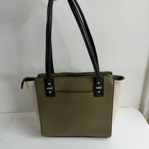 Anne Klein olive green cream colorblock faux leather lined zip shoulder purse thumbnail 4