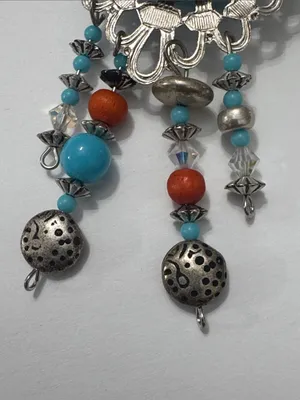 Vintage Turquoise& Coral Dangle Brooch — Silver-Tone Women’s Jewelry thumbnail 3