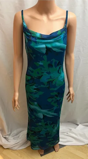 PrettyGarden Blue Green Floral Cowl Neck Maxi Dress Size Small thumbnail 1