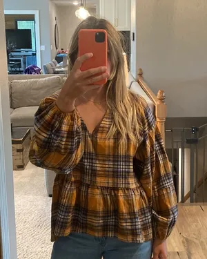 Altar'd State V neck Mustard colored blouse with blue detailing. Size small thumbnail 1