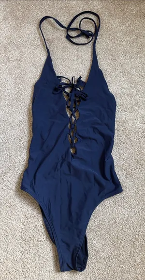 Aerie Navy Blue Lace Up Deep Plunge One Piece Swimsuit. Size Small thumbnail 1