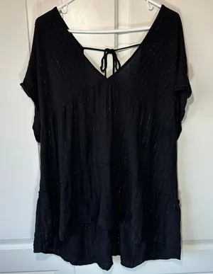 Black‎ Tunic Top V Neck Tie Back Tiered Gold Metallic Stripe Boho Blouse 2XL thumbnail 1