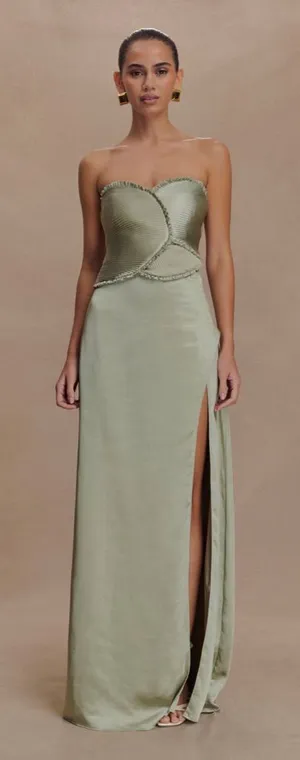 NEW Meshki Sage Green Ruched Petals Larissa Strapless Satin Maxi Dress thumbnail 1