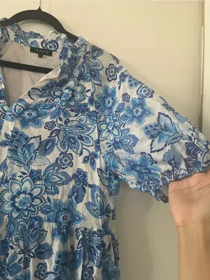 1.State Blue White Floral Puff Sleeve Mini Dress Large Cottagecore Prairie thumbnail 3