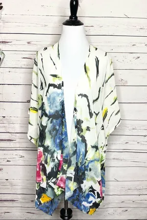 Multicolor Bohemian Abstract Floral Kimono Shawl Cover-Up Blouse Top One Size thumbnail 2