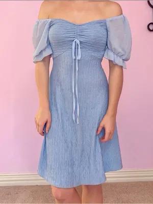 Light Blue Puff Sleeve Ruched Front Dress thumbnail 6