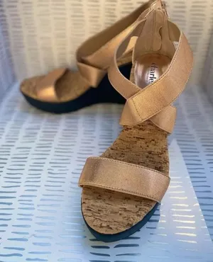 Charles by Charles‎ David Rose Gold Strappy Cork Back Zip Wedges size 8 thumbnail 1