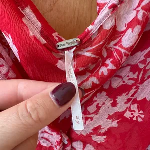 Free People Blouse Women Medium Red Floral Sheer Tassel Balloon Sleeve Top thumbnail 2