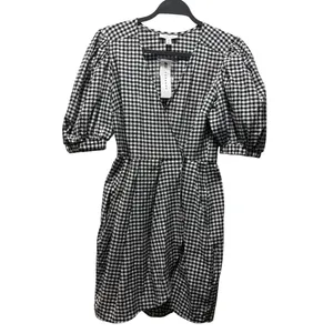 Topshop Black & White Gingham Puff Sleeve Wrap Mini Dress Size 6 thumbnail 3