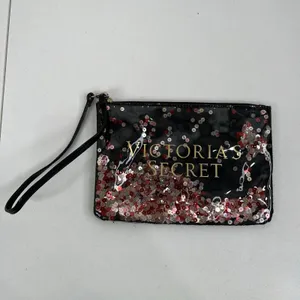 Victoria's Secret Wristlet Pouch Black Sequin Floating Logo Glam Makeup Bag thumbnail 2