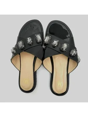 Womens Stone Jeweled Slip On Flat Slide Sandals Rhinestones Black Size 38 thumbnail 2