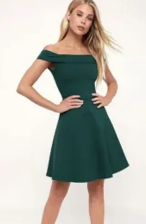 Lulu's Season of Fun Forest Green Off-the-Shoulder Skater Dress Size XS NEW thumbnail 1