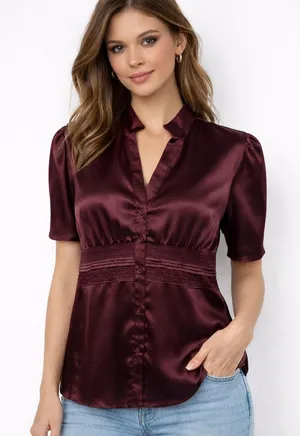 APT 9 Burgundy Satin Lace Detail Short Sleeve Blouse Size 2X Romantic Fairy thumbnail 1