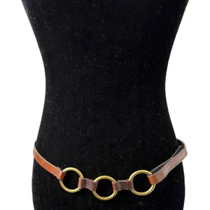 Casual Corner Brown Leather Brass Circle Buckle Western Boho Bohemian Belt Small thumbnail 1