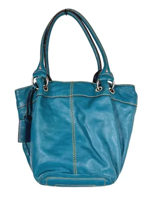 Tignanello Teal Blue Leather Tote Bag Satchel Striped Satin Lining Boho Slouchy thumbnail 1