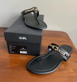 Coach Black Leather Thong Sandals with Gold Chain Accent Size 8.5 thumbnail 1