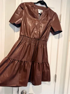 NWT Vigoss Size S Brown Faux Leather Mini Dress Puff Sleeve Smocked Waist V Neck thumbnail 3