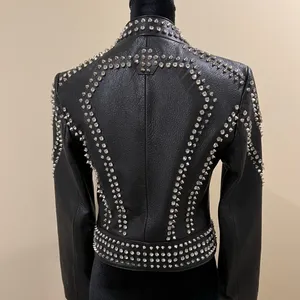 Genuine Leather Studded Crop Jacket Coat Blazer Cardigan Parka Slim Rhinestones thumbnail 5