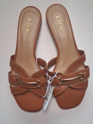 J. Crew Tan Leather Slide Mules with Gold Buckle thumbnail 1