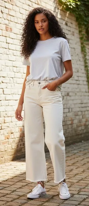 H & M Women's Wide Leg Crop‎ Jeans Cream Distressed Raw Hem Size 2 thumbnail 1