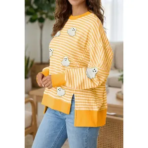 Stripe Halloween Ghost Patch Round Neck Long Sleeve Top thumbnail 4