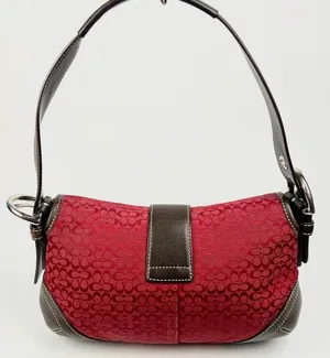 RARE Vintage Coach Mini Soho Signature Red Jacquard Brown Leather Flap Buckle Shoulder Bag thumbnail 8