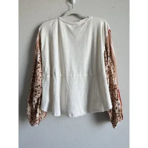 Easel Women’s Large Boutique Cream Patchwork‎ Flare Balloon Long Sleeve Top Boho thumbnail 3