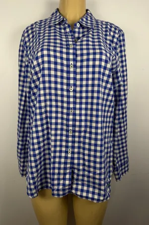 Talbots Gingham Plaid Shirt Sz L Button Front Blouse Top Blue Cotton Long Sleeve thumbnail 1
