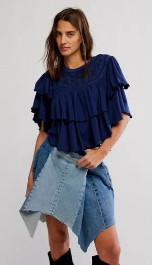 Free People Rose Party Tee Blouse Top Swingy Lace Embroidered Ruffle. Small thumbnail 1
