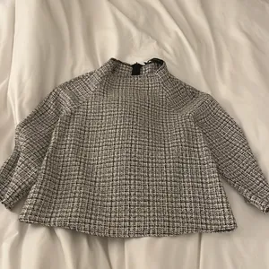 Zara | Tweed 3/4 Sleeve Blouse Black White XS Mock neck thumbnail 3